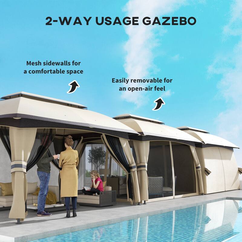 Beige Outdoor Gazebo with Galvanized Steel Frame Polyester Canopy and Insect Netting Two Tier Roof for Garden Patio