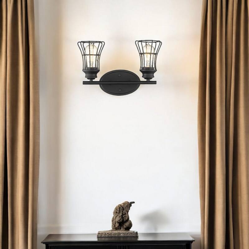 Matte Black 2-Light Vanity Wall Sconce with Cage Shade and Hardwired Fixture for Damp Areas for Bathroom or Hallway