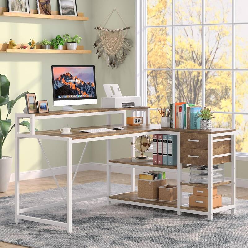 55-Inch L-Shaped Home Office Desk with Monitor Riser, Drawers, and Storage Shelves, Corner Computer Desk for Small Spaces