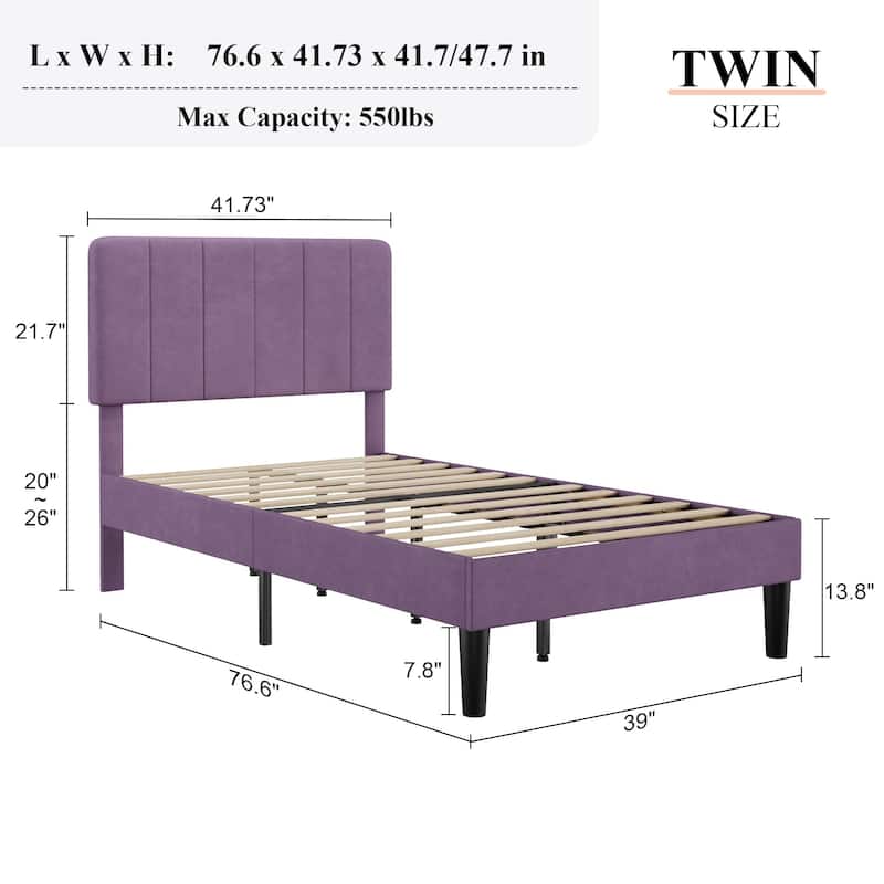 2 Pack Kids Bed Frame Height Adjustable Upholstered Headboard Bed Twin Size Bed Set of 2