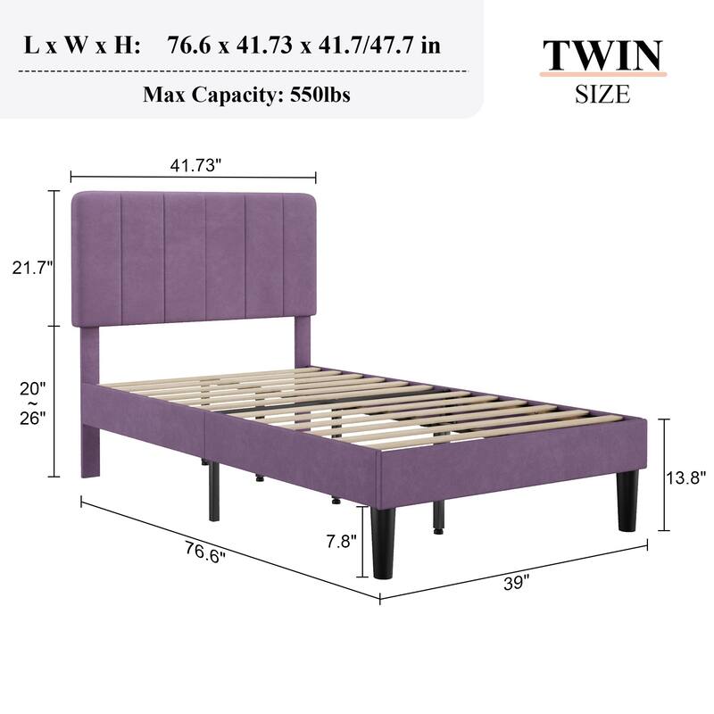 VECELO Velvet Upholstered Bed Frame with Vertical Channel Tufted Headboard, Adjustable Headboard, Wooden Slats Support