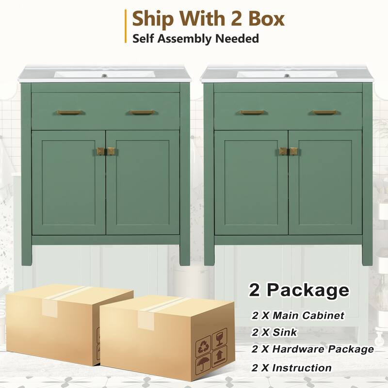 Set of 2 Vanity for Bathroom with Double Ceramic Sinks, 60" Modern Storage Cabinet with Flip-down Drawers and Door Organizers