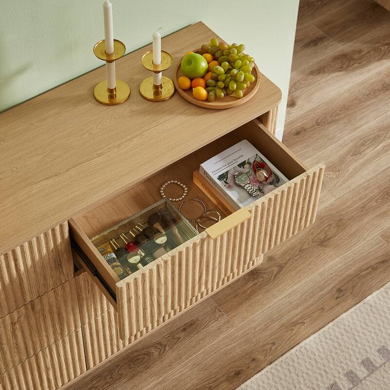 Fluted Dresser with 6 Drawers, Curved Wooden Storage Dressers TV Stand, Multi-functional Closet Clothes Storage Organizer