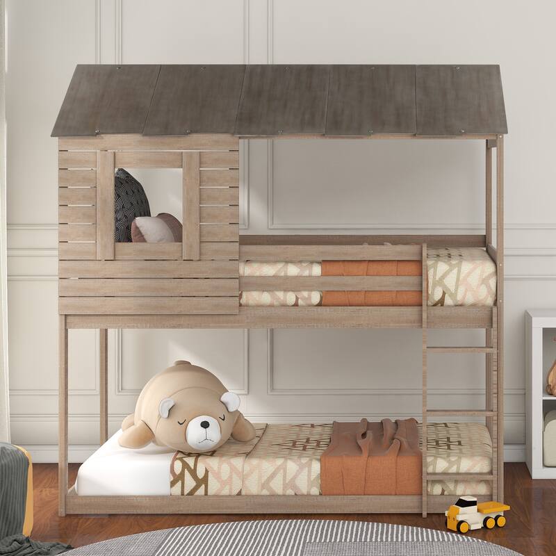 Twin Over Twin Playhouse Inspired Bunk Bed with Sloping Roof, Window