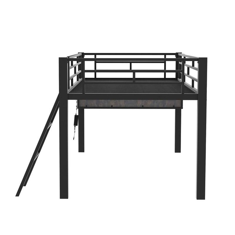 Twin Size Gaming Mid Loft Bed with Desk, LED