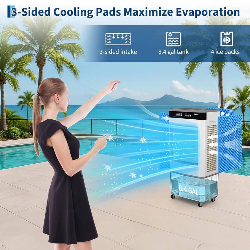 8.4 Gal 3500 CFM Portable Cooling Fan, Evaporative Air Cooler with Touch Screen, Remote for Bedroom, Home, Office