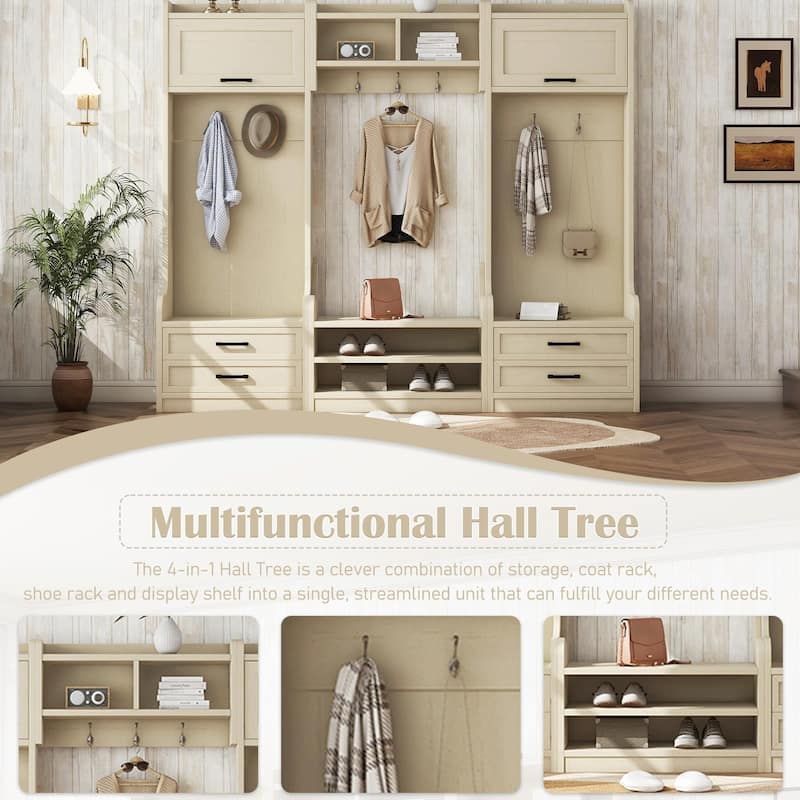 4-in-1 Entryway Hall Tree with Storage, 7 Hooks & Drawers, Beige