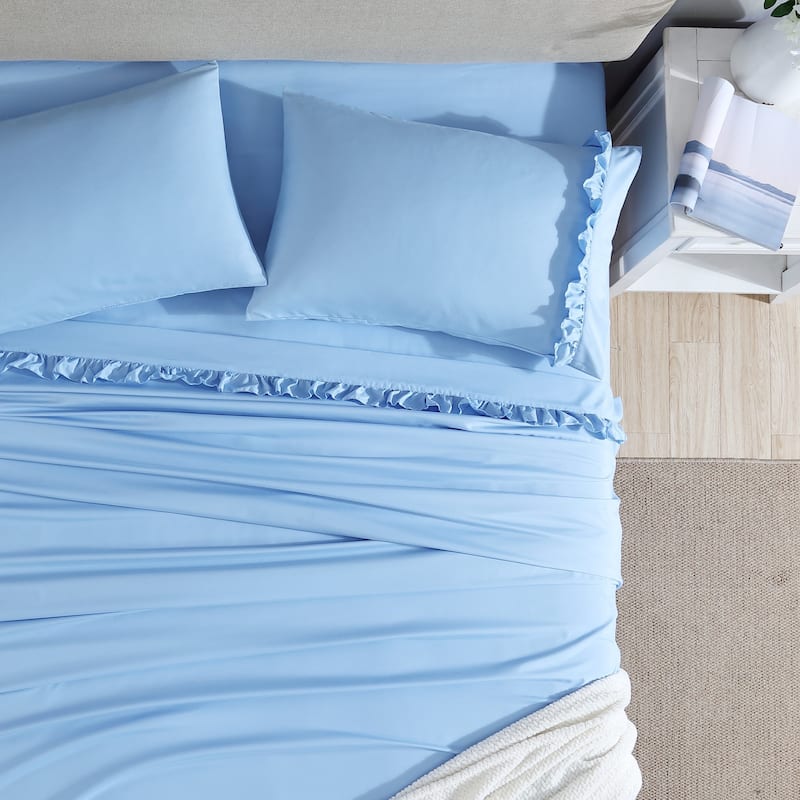 Home Essential Luxurious Silky Ruffle Hem Microfiber Bedding Sheet Set