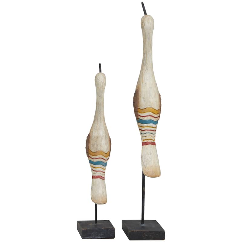 Cream Polystone Handmade Distressed Carved Bird Decorative Sculpture with Colorful Patterns and Black Stand (Set of 2)