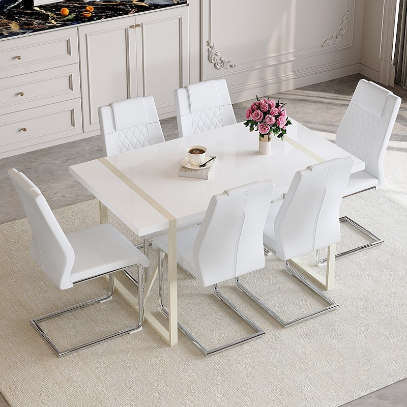 Dining Table Set for 6, 7 Piece Home Rectangular Dining Table Set with 6 Faux Leather Chairs, Cream Dining Table and Chair Set - Cream White+Silver