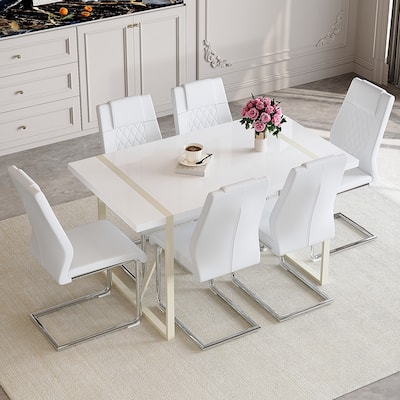 Dining Table Set for 6, 7 Piece Home Rectangular Dining Table Set with 6 Faux Leather Chairs, Cream Dining Table and Chair Set
