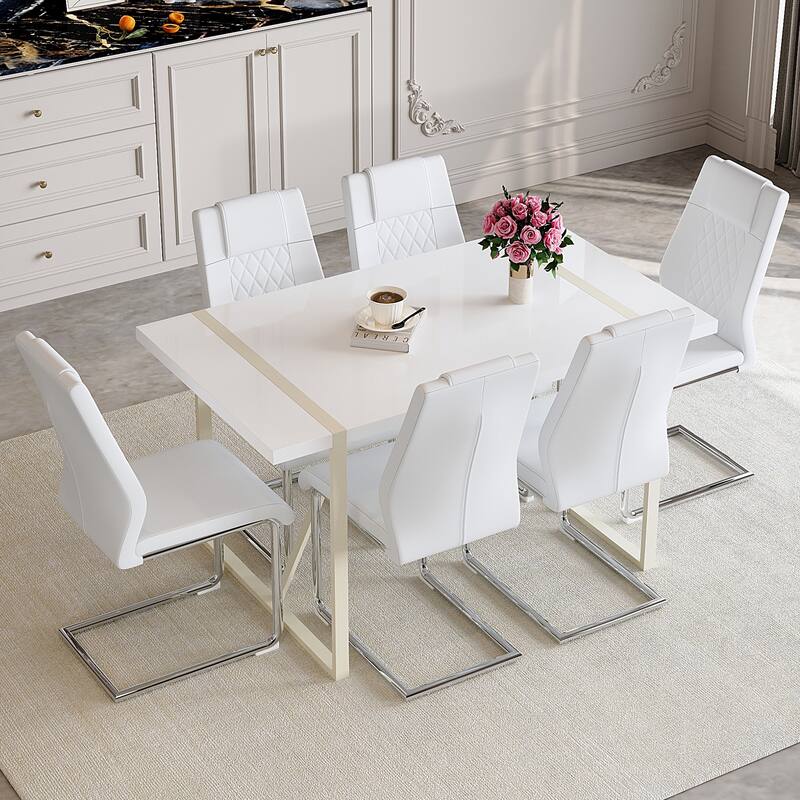 Table and chair set, Cream-Style MDF Dining Table Set with 6 Chairs With Metal Legs,MDF Tabletop and metal frame legs