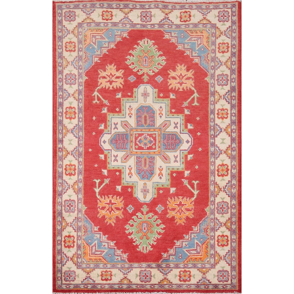 Geometric Kazak Accent Rug Hand-Knotted Traditional Wool Carpet - 3'5" x 5'2"
