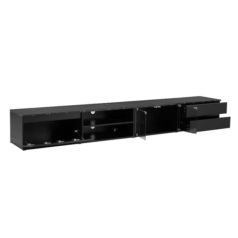 LED TV Stand for TVs Up to 105'', Faux Marble Tabletop TV Console with Glass Doors, Media Center with 2 Drawers & Cabinets