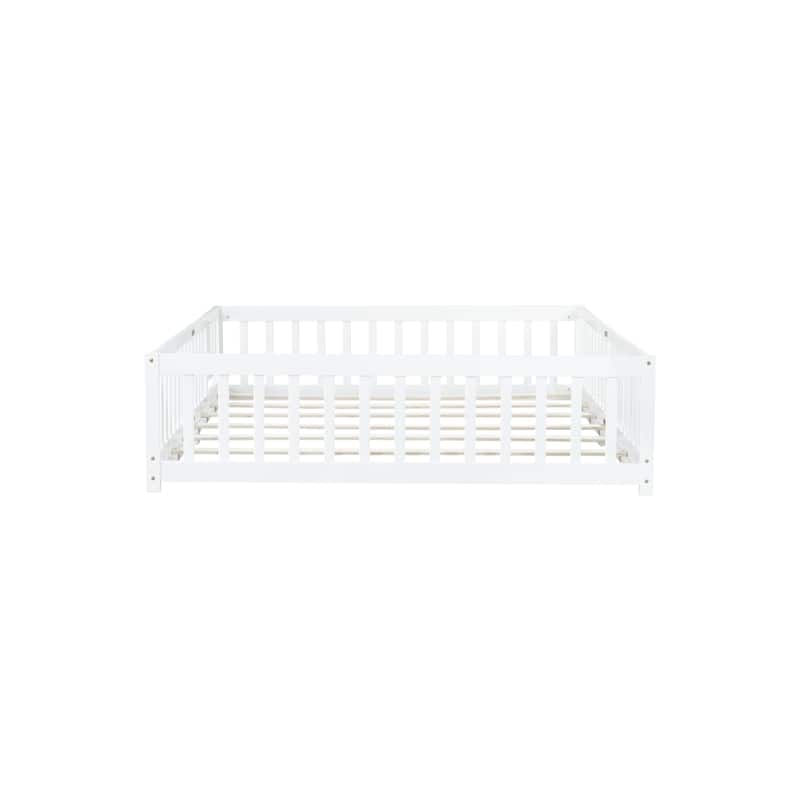 Queen Size Floor Bed with Fence,Door,Rubber Wood Floor Bed with Safety Guardrails
