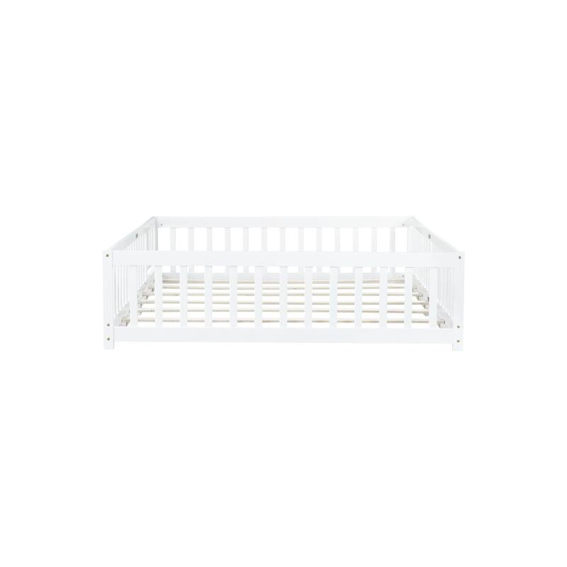 Queen Size Rubber Wood Floor Panel Bed with Safety Fence and Door