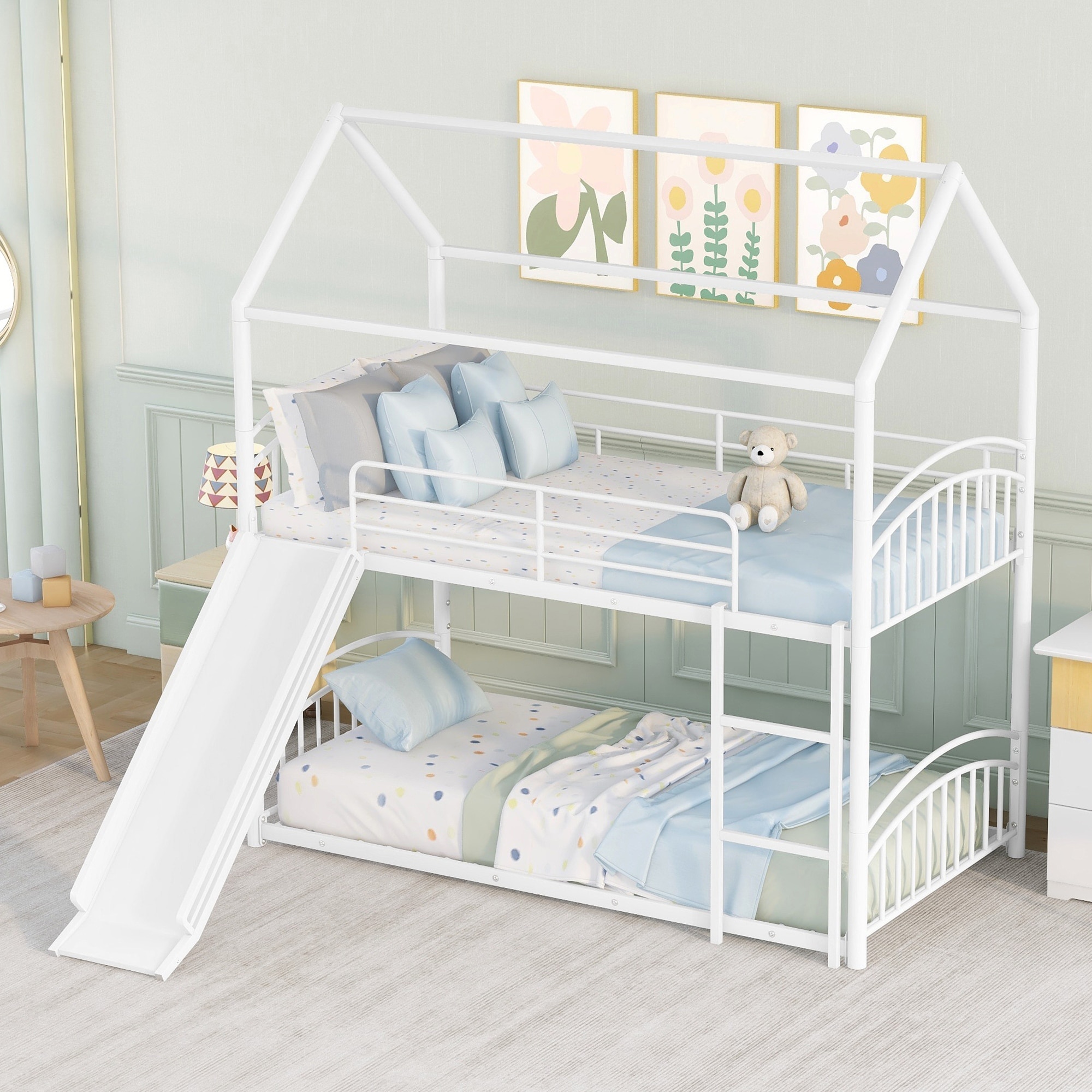 Twin Over Twin Metal Bunk Bed With Slide,Kids House Bed