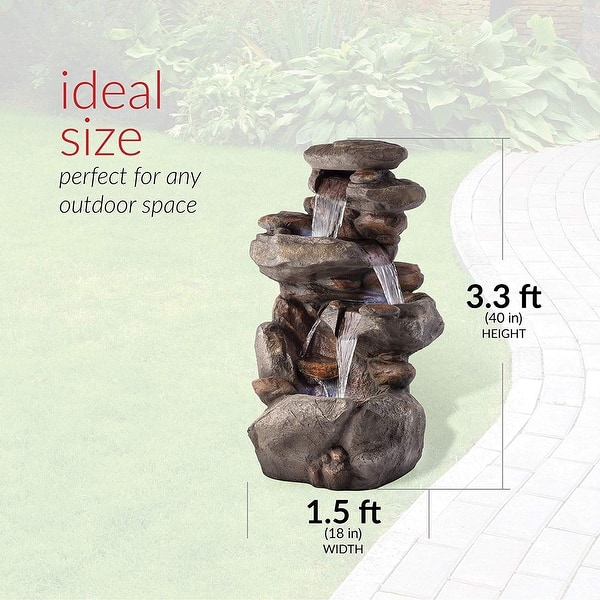 Alpine Corporation 40" Tall Outdoor Tiered Rock Water Fountain with LED Lights