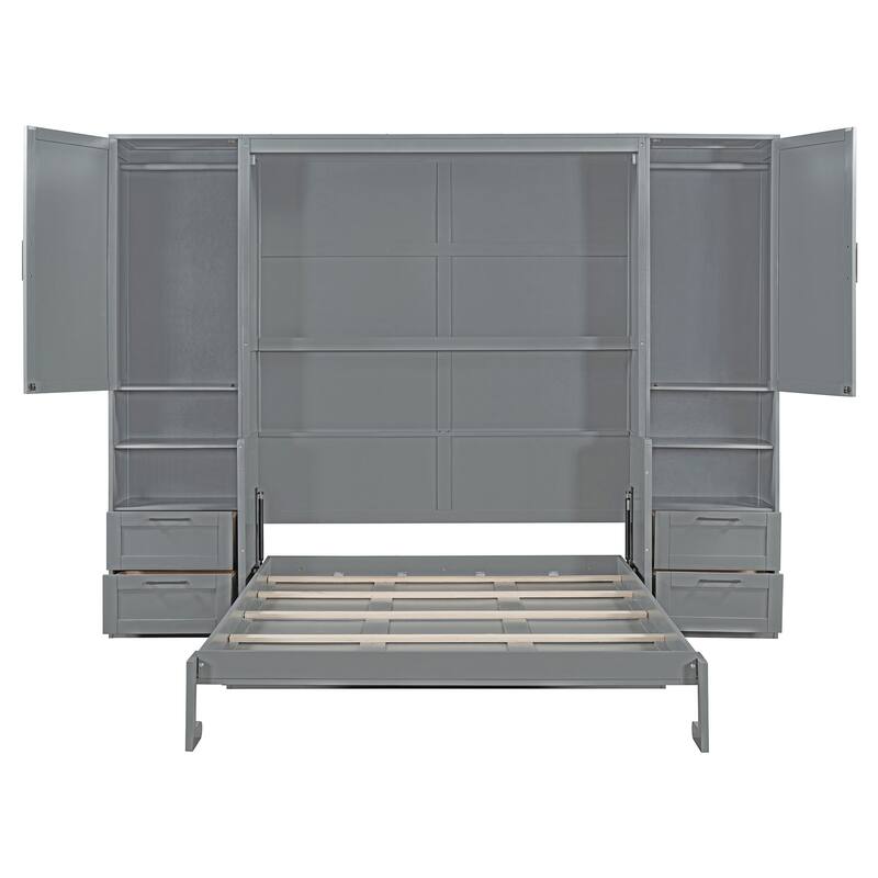 Queen Size Murphy Bed Hidden Wall Bed with Both Sides Closet Drawers and Storage Shelves, Space-Saving Versatile Murphy Bed