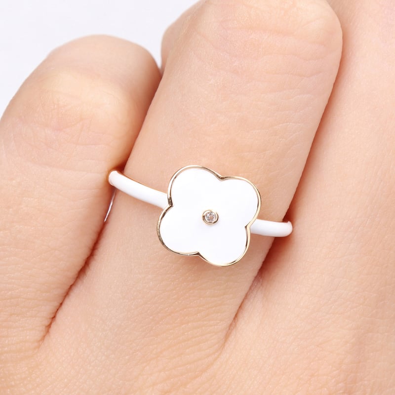 Miadora Created White Sapphire Floral Enamel Ring in Yellow Plated Sterling Silver