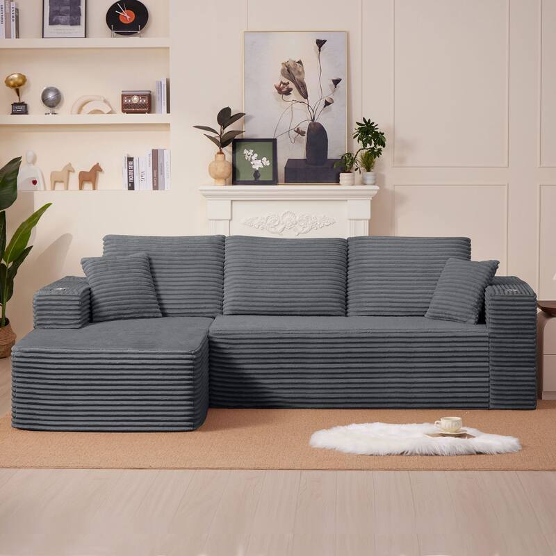 102.76" Corduroy Cloudy L Shaped Sofa with Chaise - Dark Grey