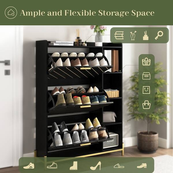 Narrow Shoe Storage Cabinet With 3 Flip Drawers, Farmhouse Flut