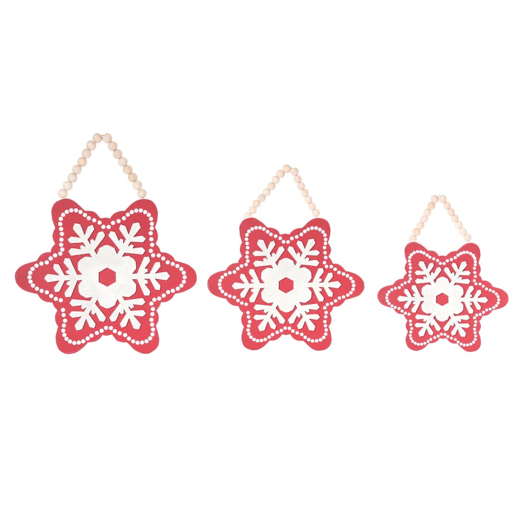 Transpac Wood 13.98 in. Red Christmas Hanging Snowflakes Set of 3