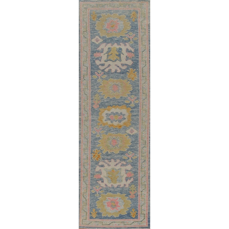 Vegetable Dye Blue Oushak Turkish Runner Rug Handmade Wool Carpet - 2'10"x 12'11"