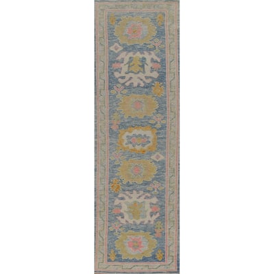 Vegetable Dye Blue Oushak Turkish Runner Rug Handmade Wool Carpet - 2'10"x 12'11"