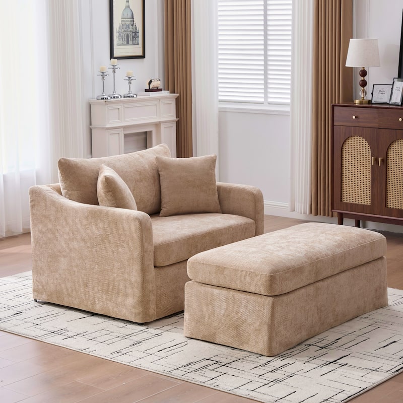 Set of Modern Chenille Accent Chair and Storage Ottoman