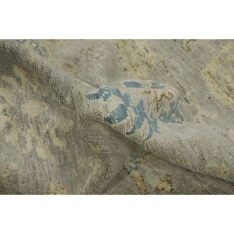 Handmade Gray Oushak Vegetable Dye Area Rug, Floral Geometric Carpet - 11' 8'' X 9' 0''