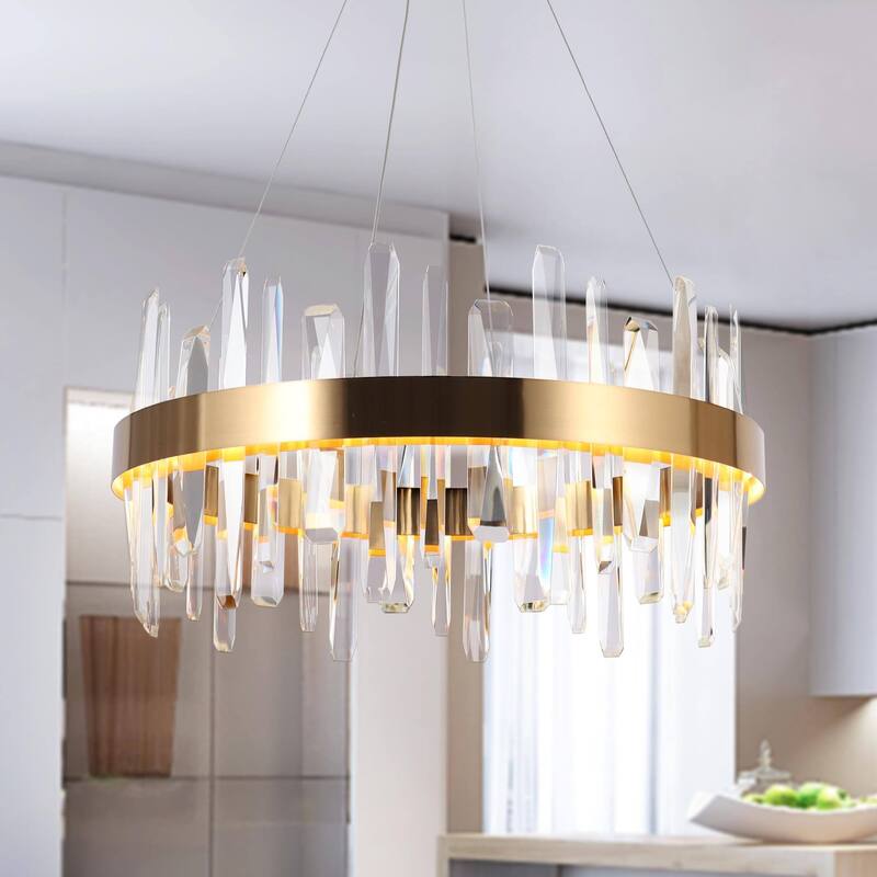 Modern 1-Light LED Crystal Chandelier Gold Drum Lighting for Living Room - D23.6" x H12"