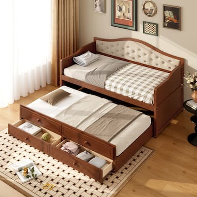 Wooden Frame Day Bed, Twin Size Daybed with Trundle Bed, Upholstered Tufted Button Backrest Sofa Bed with 2 Storage Drawers