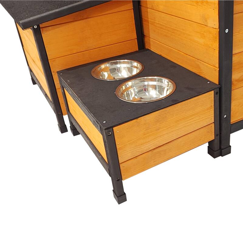 Outdoor Wooden Elevated Dog House Pet House with Storage Box, 2 Metal Bowls, Suitable for Small, Medium and Large Dogs