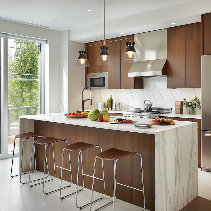 Modern 3-Light Black Gold Chandelier Kitchen Island Linear Bowl-Shaped Glass Pendant Lights for Dining Room - 40 x 8.5 x 13.2