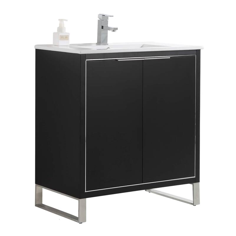 Fine Fixtures Opulence Collection Bathroom Vanity with White Ceramic Sink - 30 Inch - Black Matte - Chrome Hardware