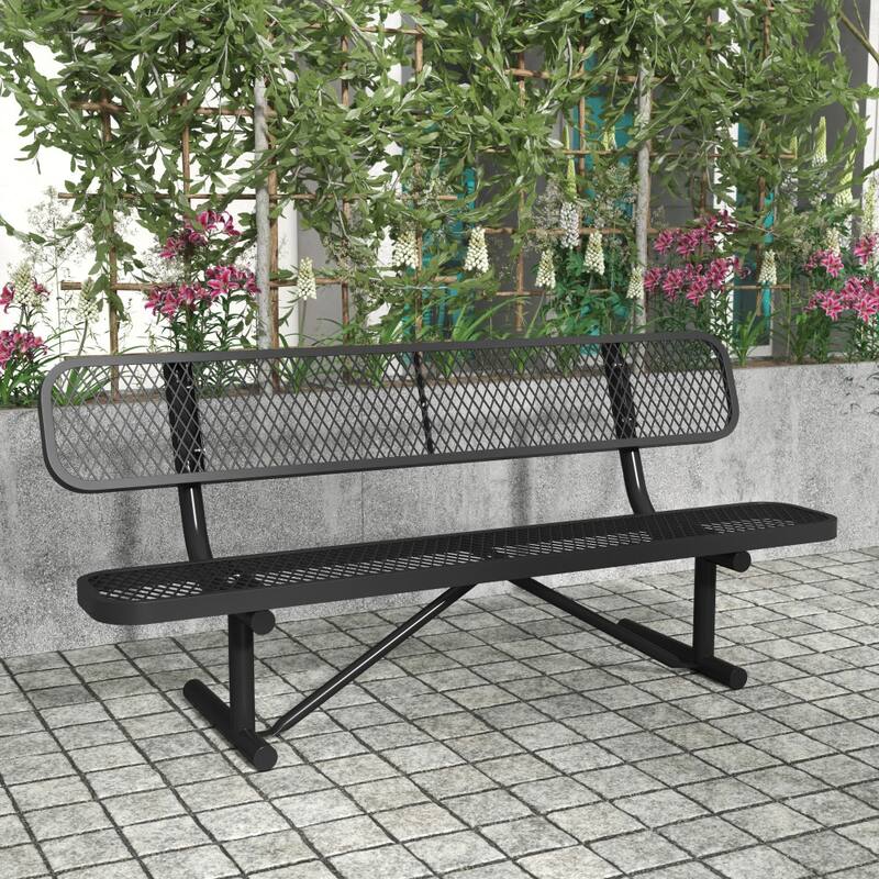 Commercial Grade Expanded Mesh Metal Outdoor Bench with Anchors - Black