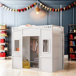 Twin Size House Loft Bed With Ladder and Wardrobe