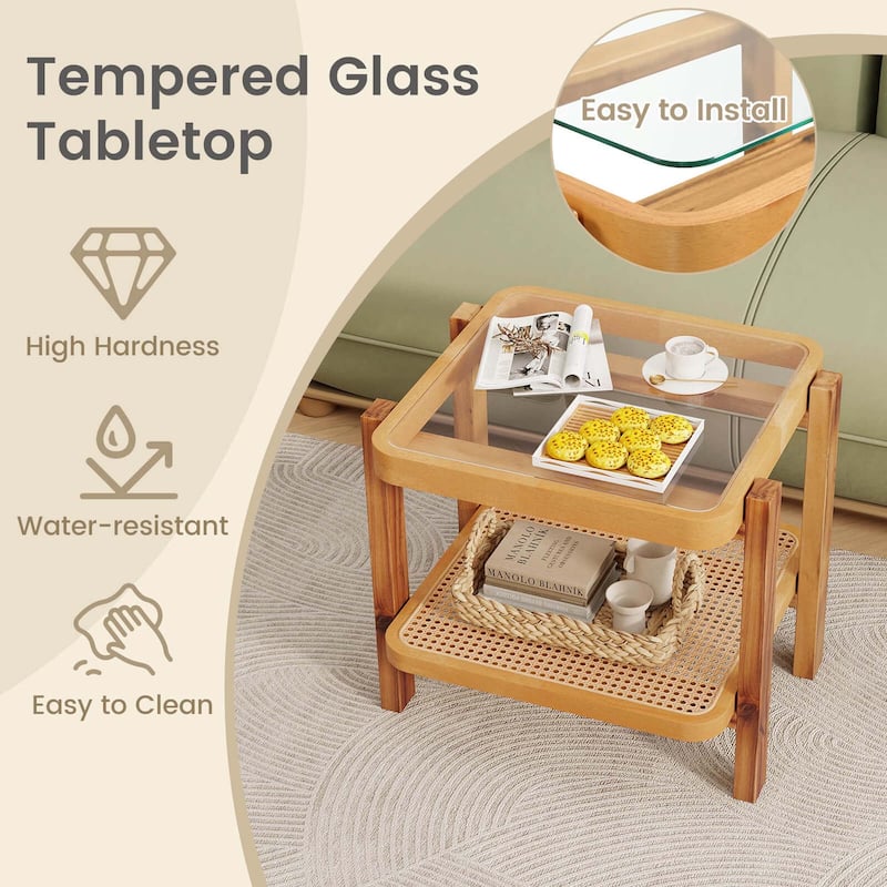 Costway 1/2 PCS End Table with Tempered Glass Top Acacia Wood Legs