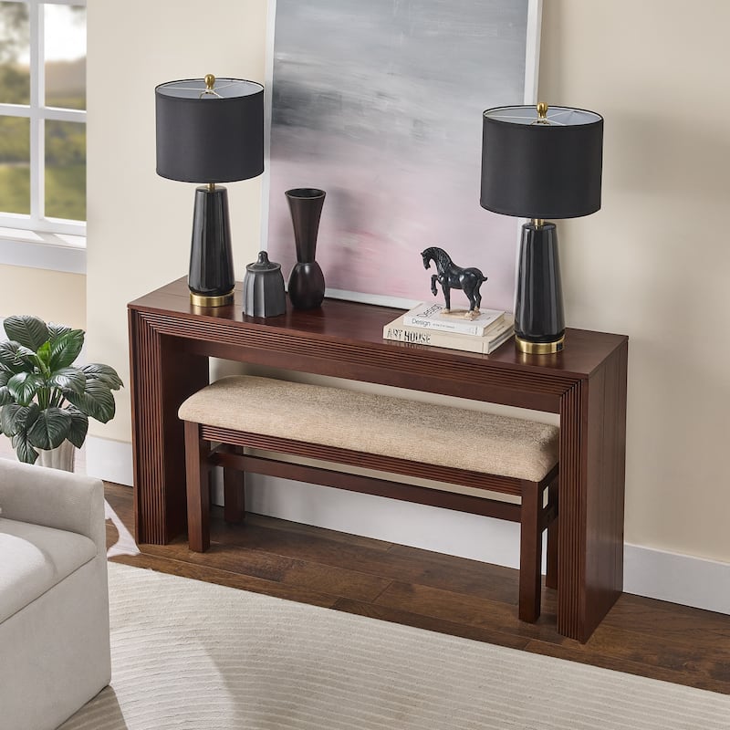 Fluted Counter Height Bar Table Set for 2, Dining Table with Fabric Upholstered Bar Stool with Solid Wood Legs