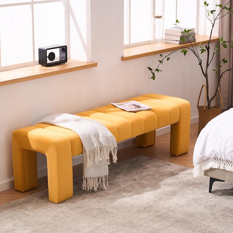 Upholstered Bedroom Bench Tufted Entryway Bench Modern End of Bed Bench Dining Bench with Gold/Black Metal Legs for Window