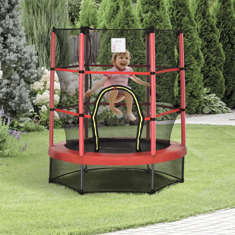 Outsunny 5' Diameter Kids Trampoline with Net for Indoors & Outdoors, Ages 3 to 6 - Red