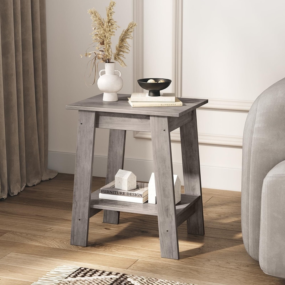 , Rustic Side Table with Storage Shelf, Small Center Table