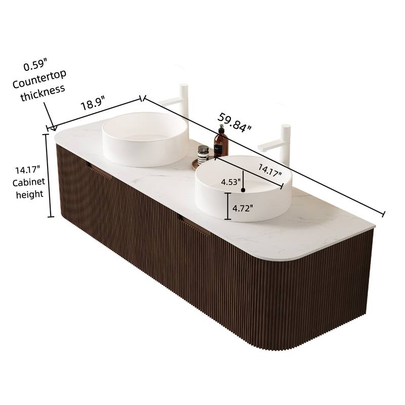 GDFStudio - Dina 60" Floating Bathroom Vanity with Striped Curved Drawers & 2 White Round Ceramic Basins, WITHOUT Faucet