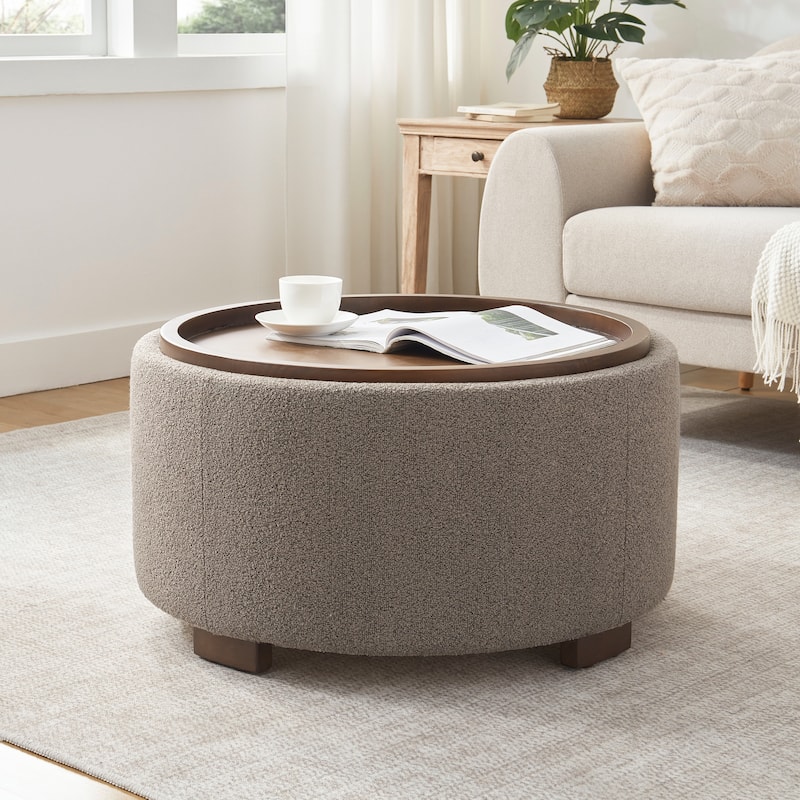 Huimo Modern round wooden tray Ottoman with Storage