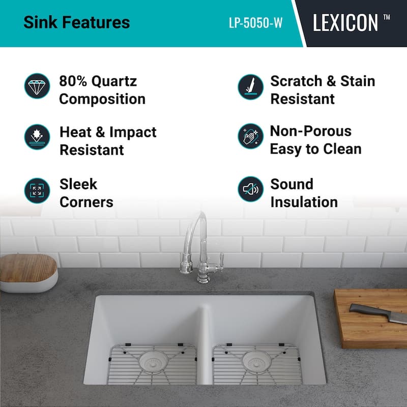 Lexicon Granite 32 Inch 50/50 Double Bowl Undermount Kitchen Sink Kit