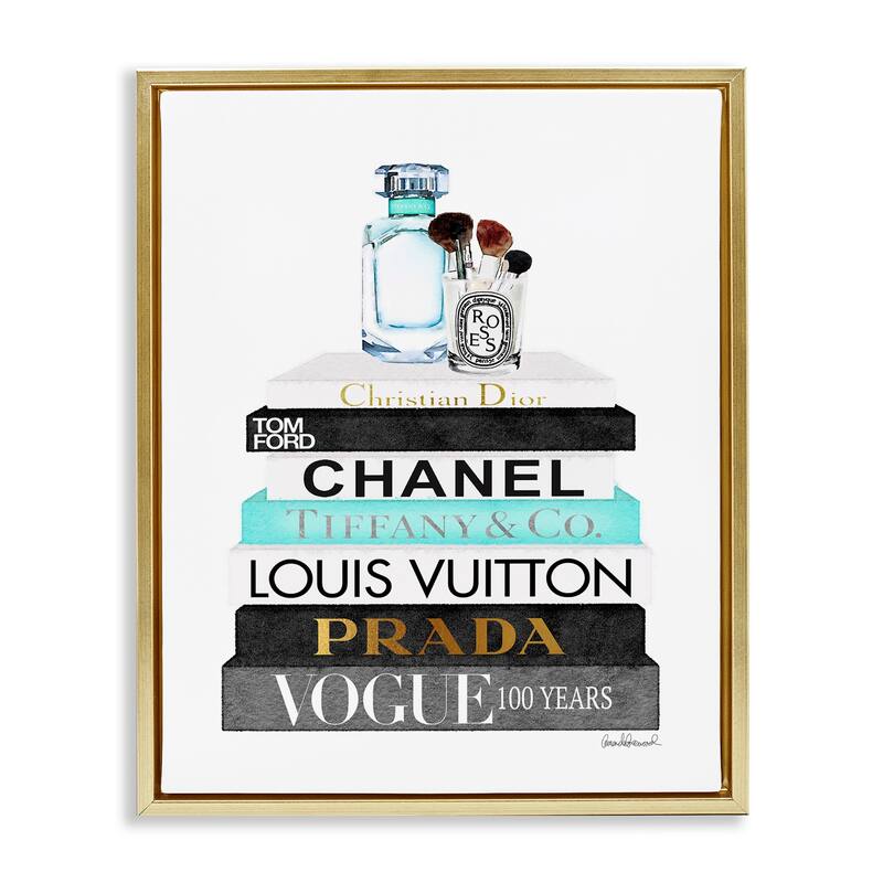 Stupell Book Stack Perfume Brushes Glam Fashion Watercolor Floater Frame - Blue
