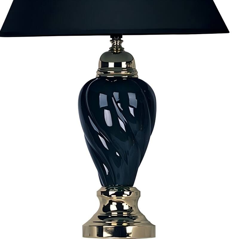 22" Tall Ceramic Table Lamp, Urn-Shaped with Black finish, Linen Shade