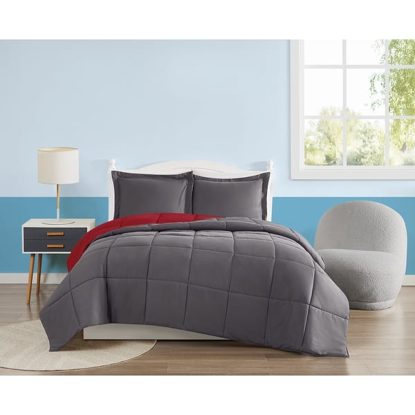 slide 2 of 26, My World Solid Reversible Comforter Set Full - Queen - Dark Grey/Red