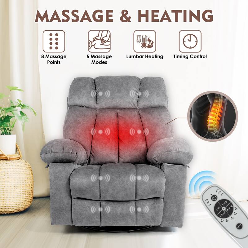 Massage Swivel Rocker Recliner Chair, Ergonomic Lounge Chair with Rocking Function and Side Pocket, USB Charging Port